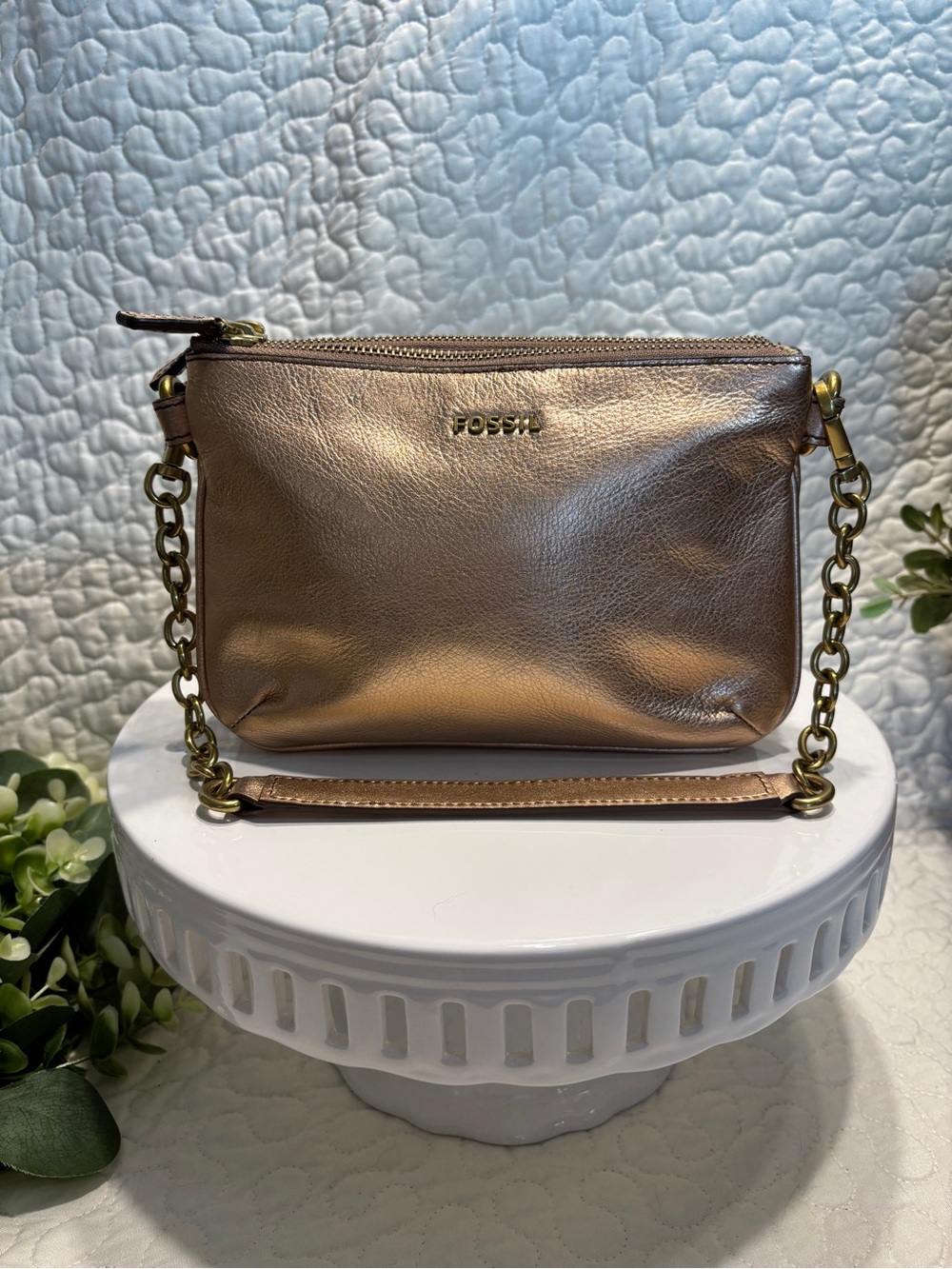 Fossil Rose Gold Metallic Leather Crossbody with Chain Strap